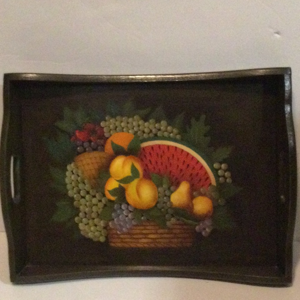 Wooden tray with painted fruit